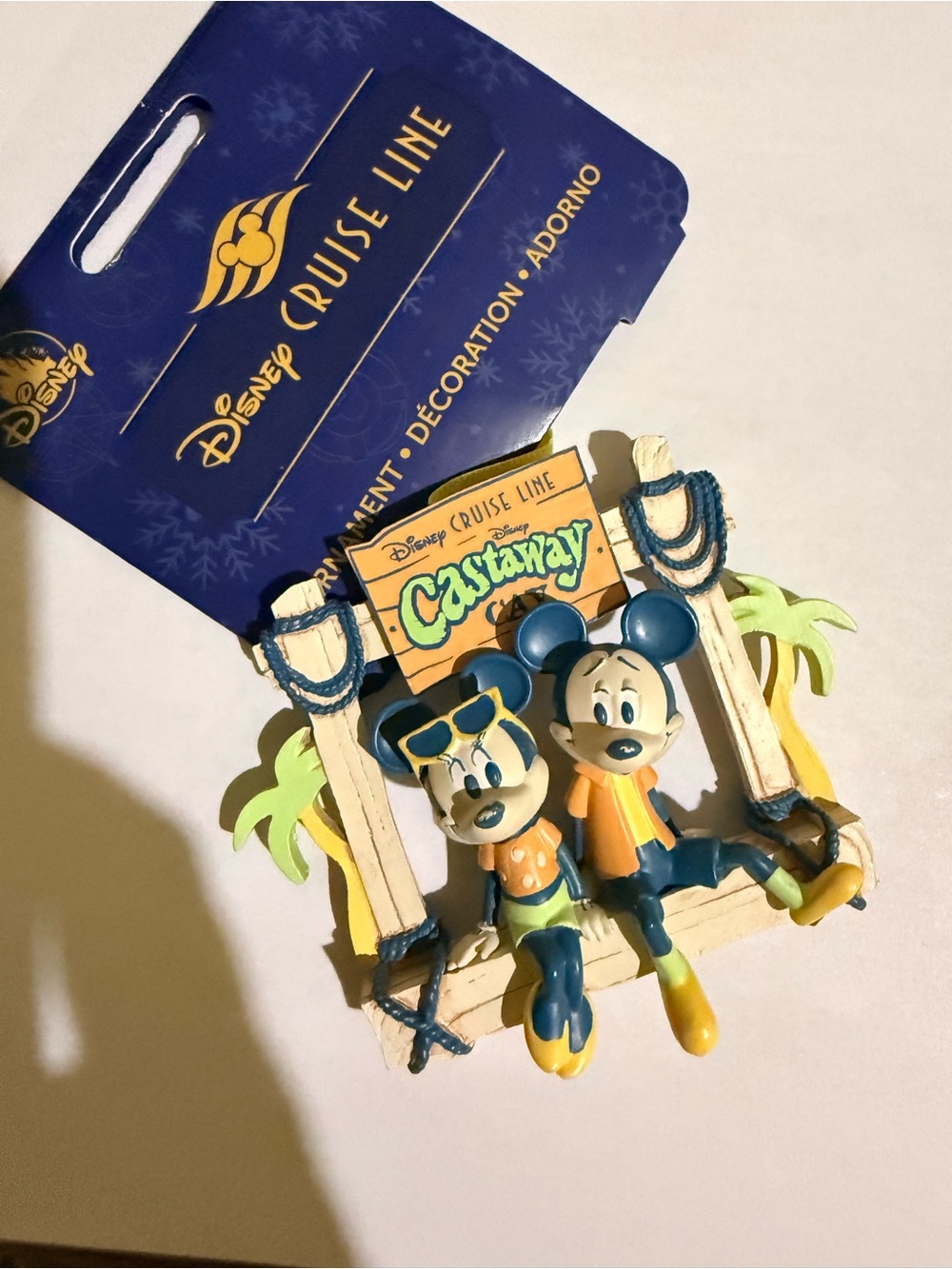 2026 Disney Cruise Line Castaway Mickey & Minnie Ornament- Blue, Yellow, Green